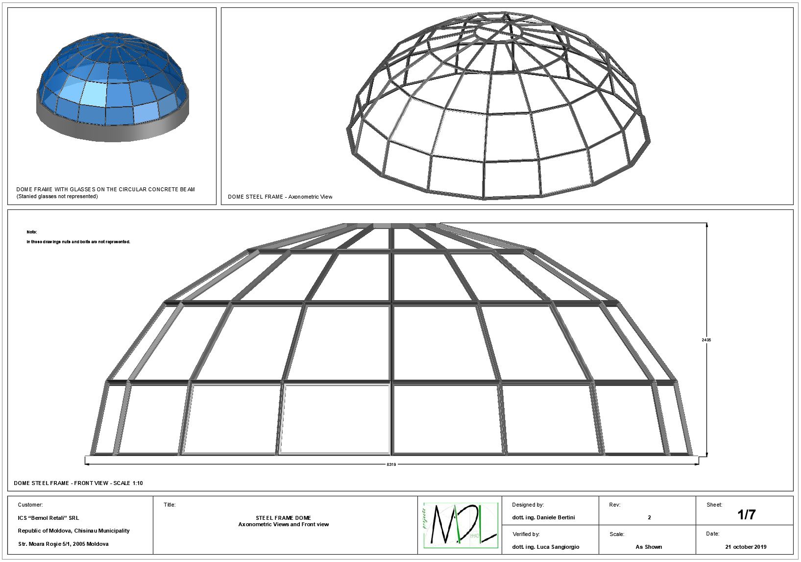 Steel frame executive drawings — Chișinău dome · Studio Bertini-Sangiorgio