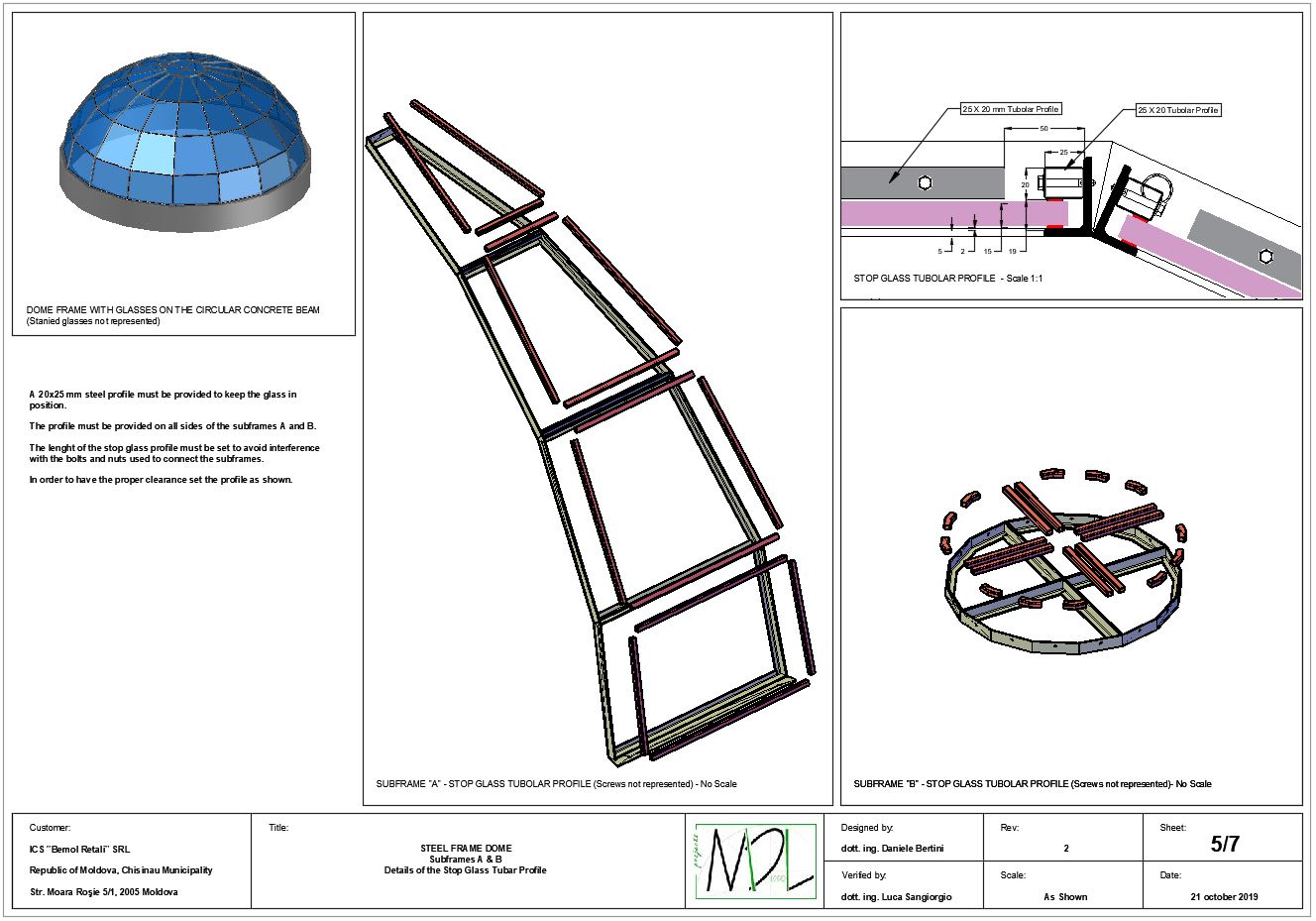 Subframe and stop glass profile details — Chișinău dome