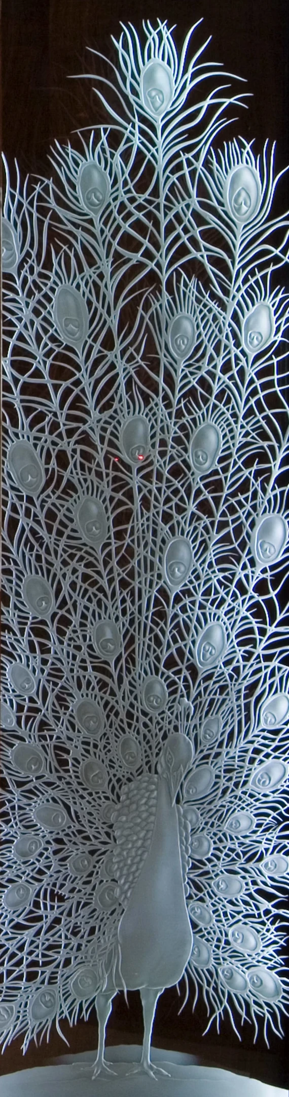 Hand-engraved crystal panel, peacock motif, Studio Vetrarte
